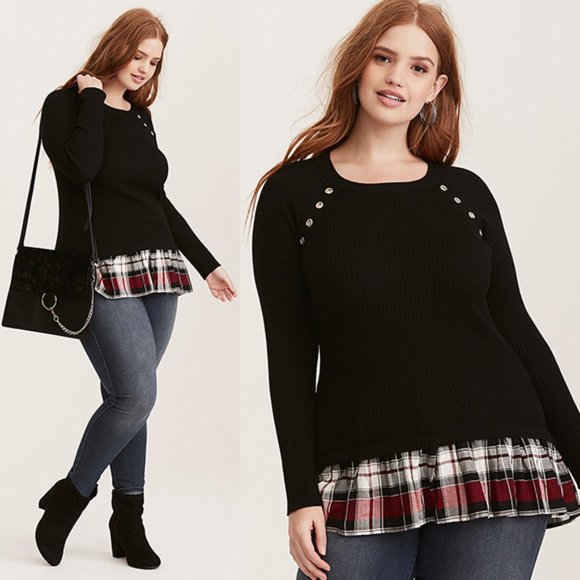 torrid Sweaters - Torrid Ribbed Knit Plaid Trim Layered Sweater 2X